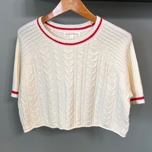 Cream Cable Knit Cropped Sweater with Red Trim